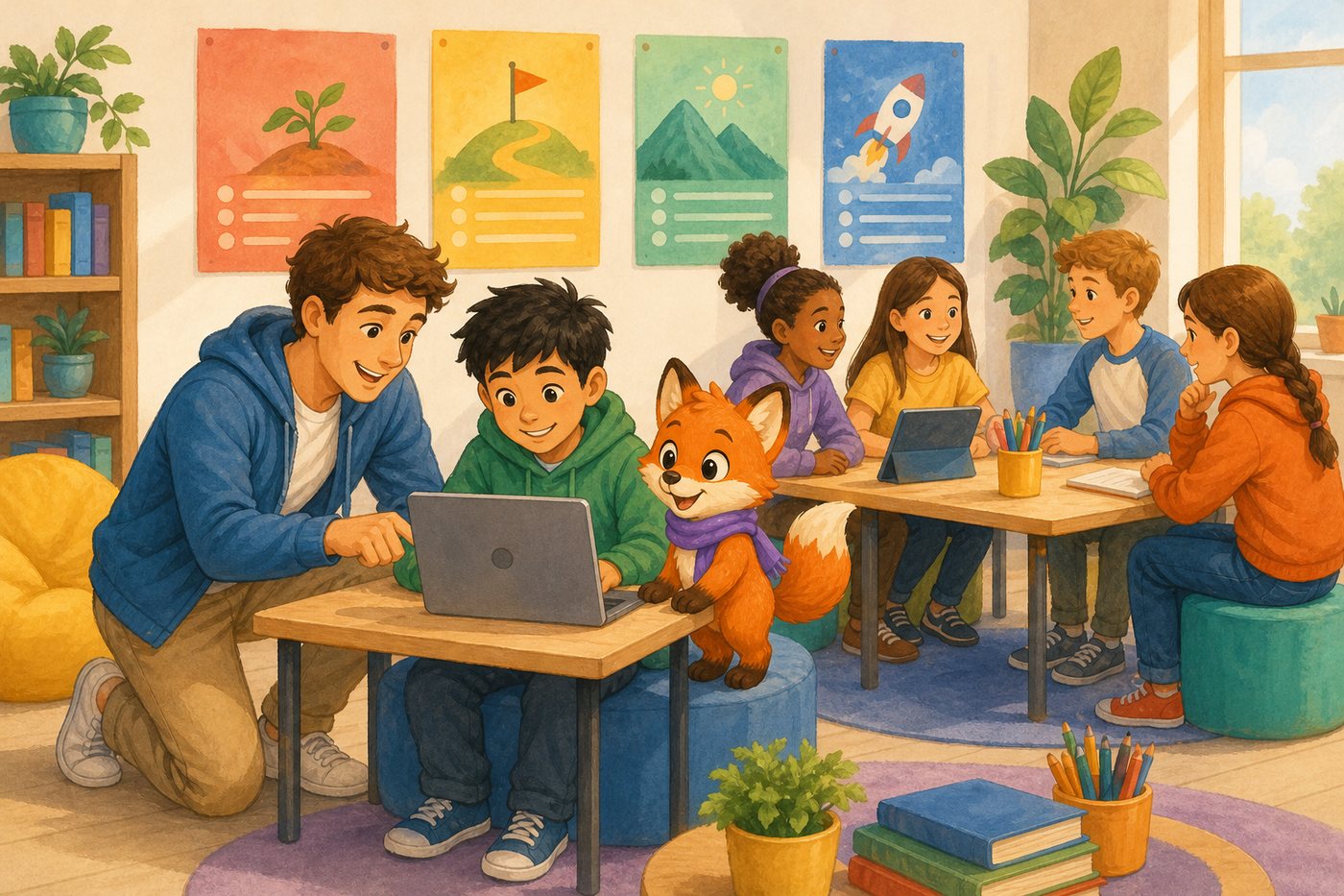 A coach helping a student in a small group