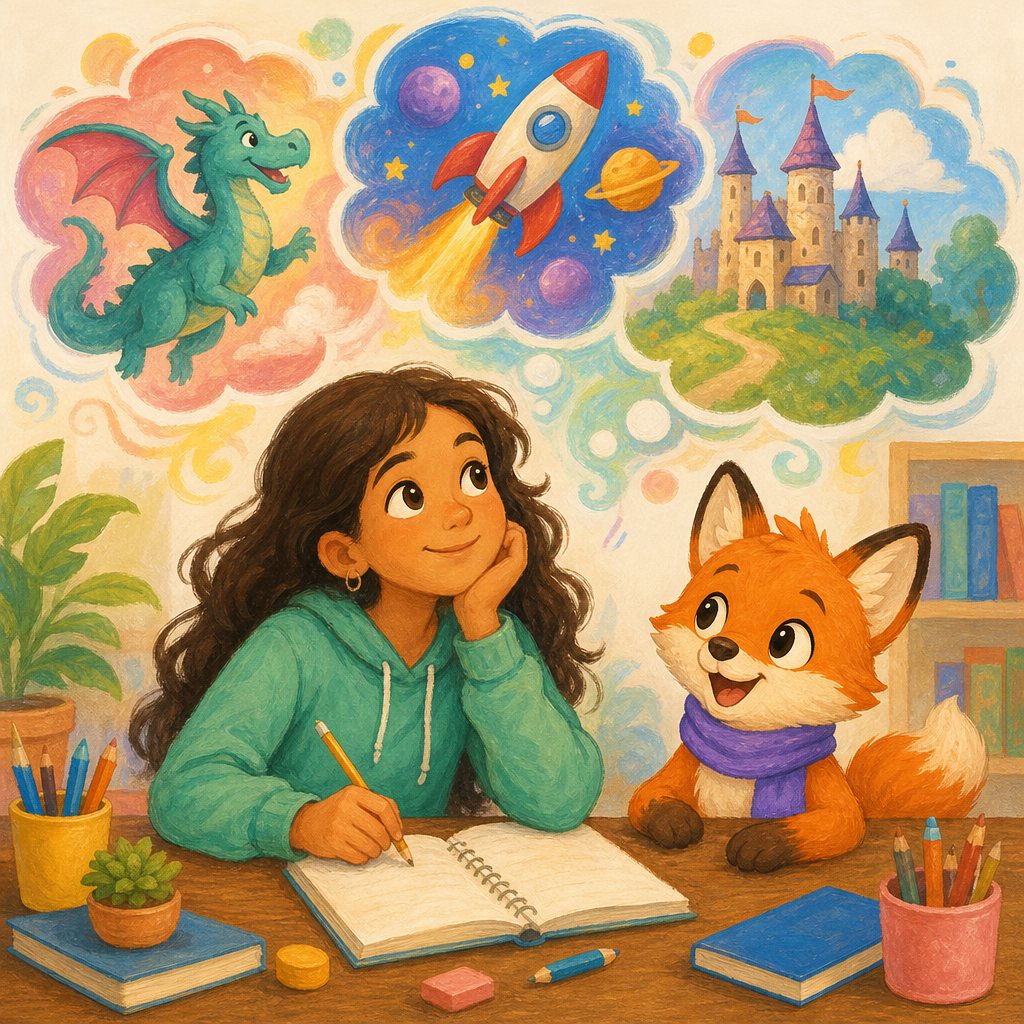 A girl imagining a dragon, a rocket and a castle